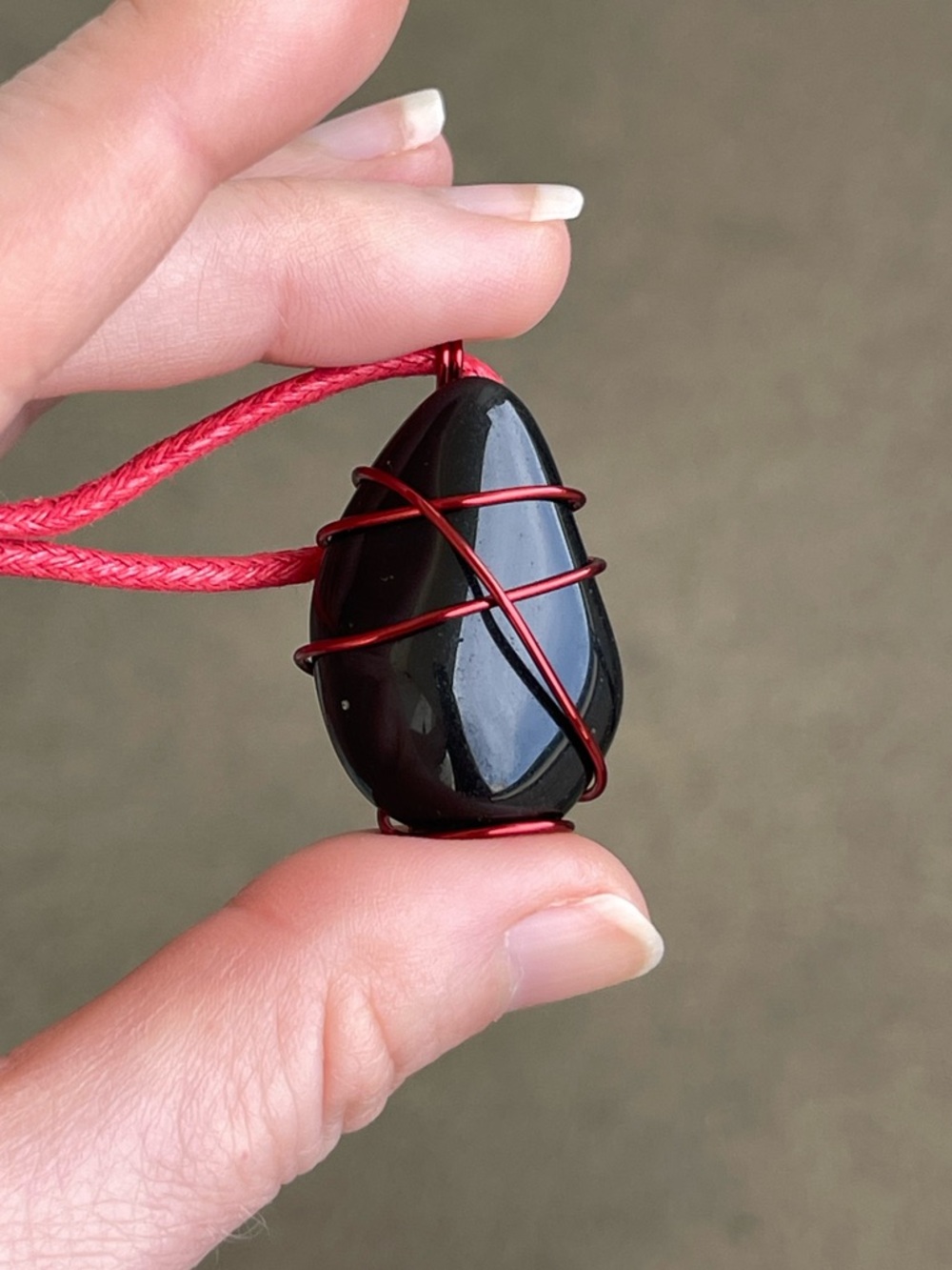 Black Onyx Gemstone Red Wire Wrapped Necklace on Red Cotton Cord Handmade